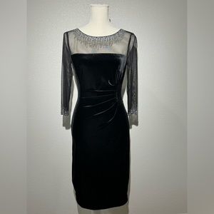 Velvet pencil dress with mesh top and bejeweled neckline